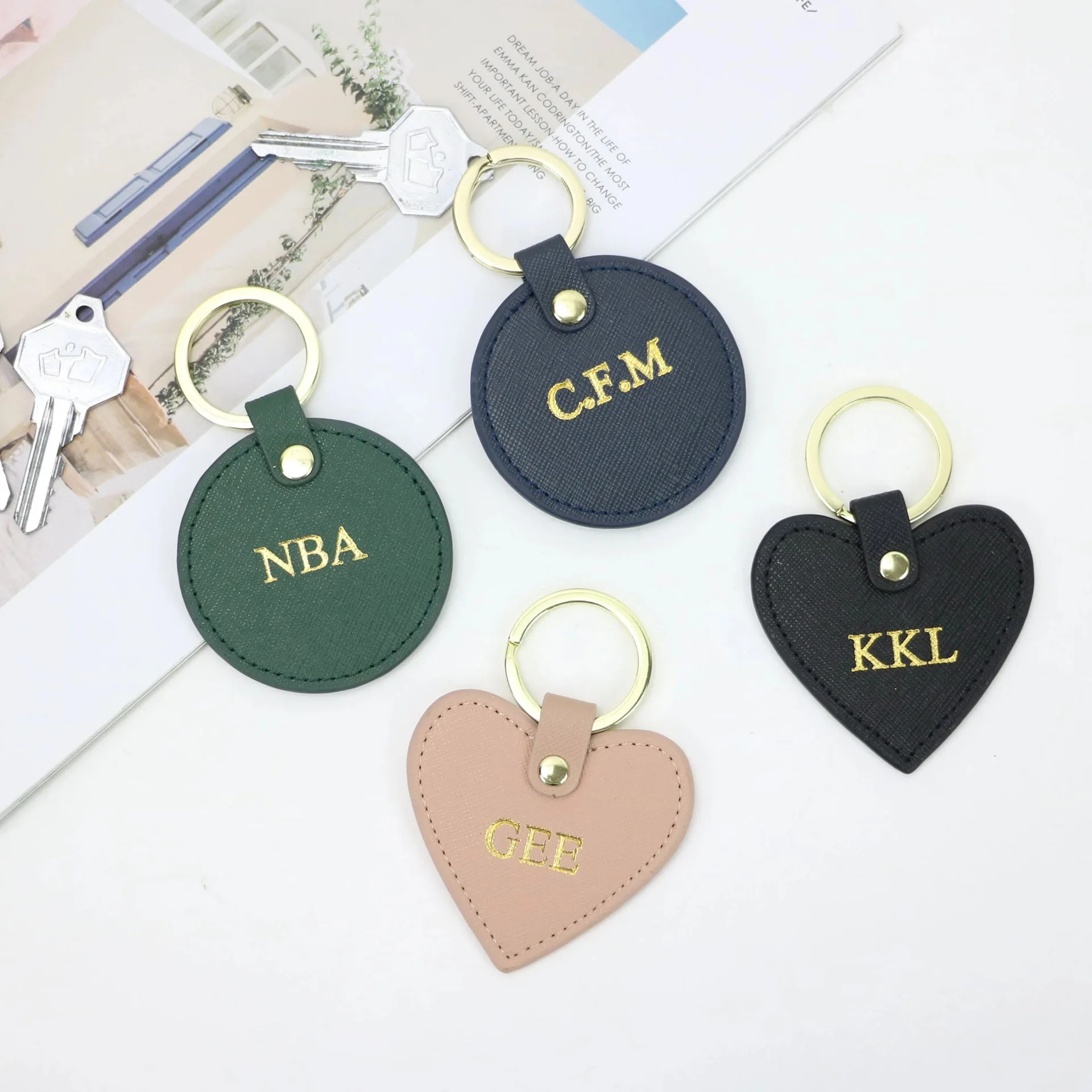 

Free Custom Initial Letters Girls Saffiano Leather Keychain Round Key Ring Female Key Chain Gift With Monogrammed Letters