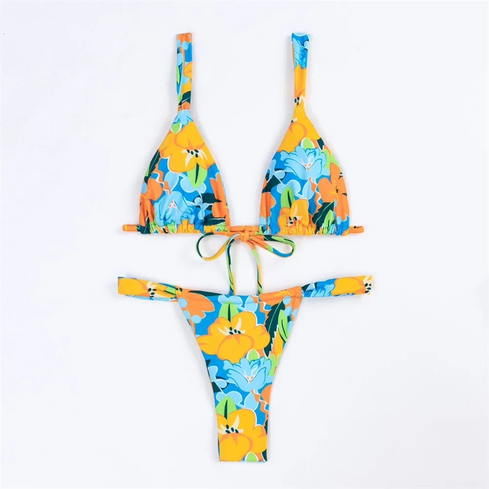 Maillot de bain deux pièces imprimé floral pour femmes, bikini string au dos, triangle, coussinets, vêtements de plage tropicaux, maillots de bain sexy, maillots de bain trempés, Y2K