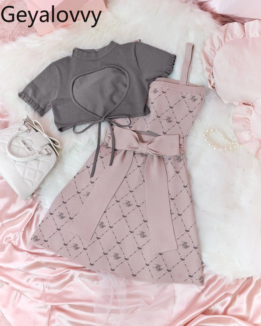 

Japanese Style Hollow Out Blouse + Jacquard Bow Tie Short Dress Set for Lady Fashion 2025 New Women's Two Piece Sets Summer