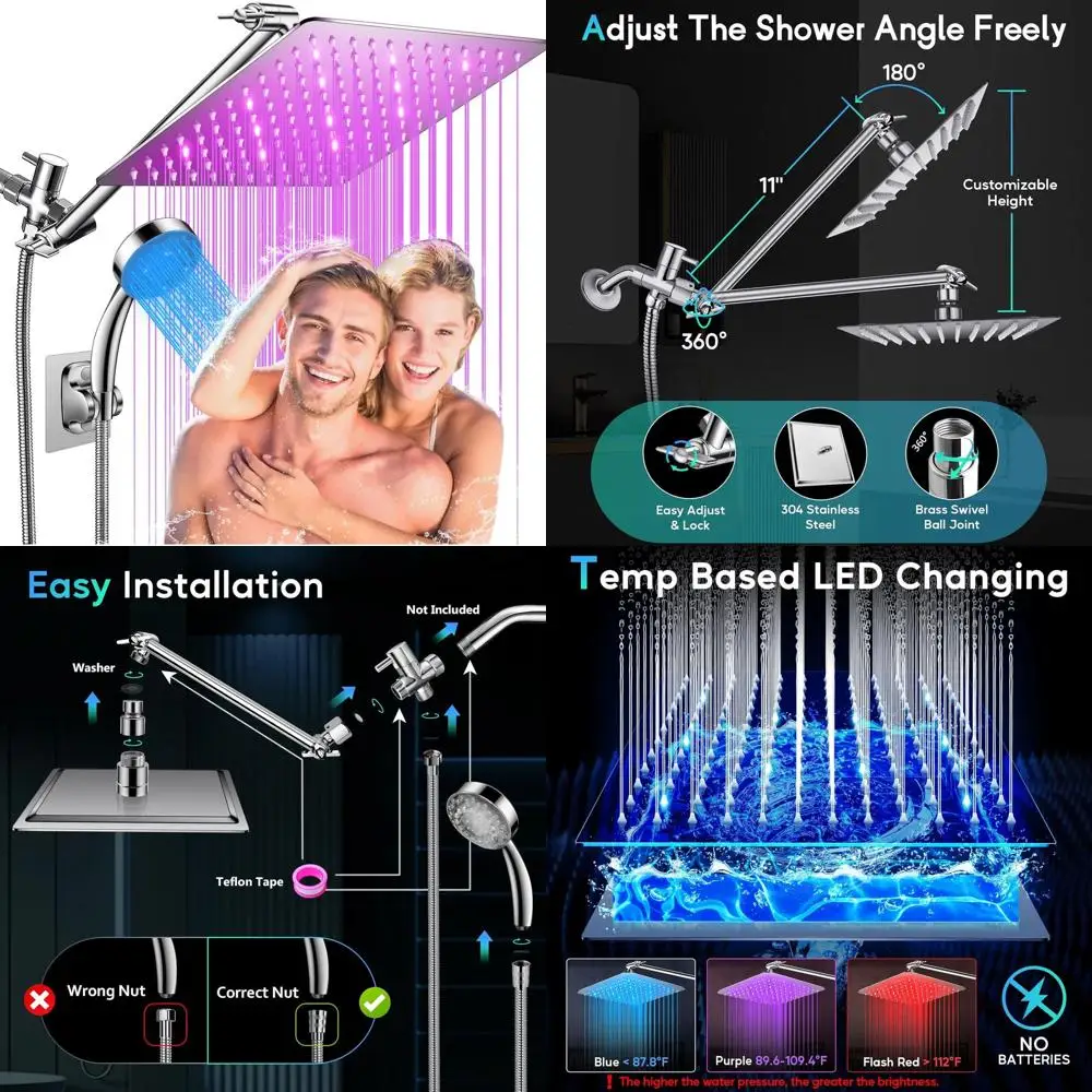 

12-inch Color-Changing LED Rainfall Shower Head Combo with Chrome Stainless Steel and 11-inch Flexible Arm, 60-inch Hose