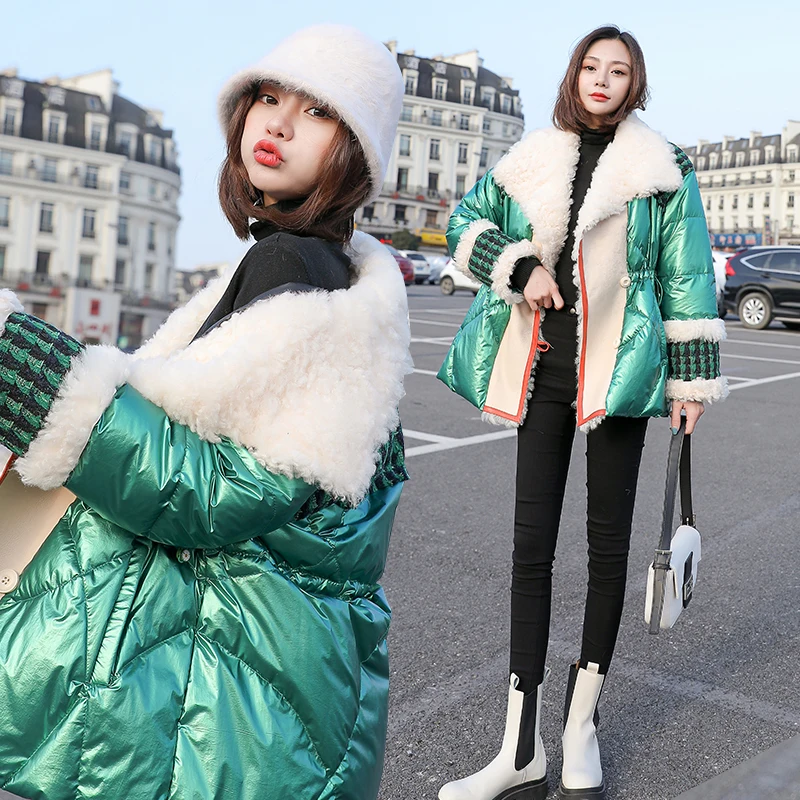 2023 New White Duck Down Coats Women's Winter Warm Jackets Green Glossy Lambswool Parkas Coat Ladies Fashion Splice Down Coats