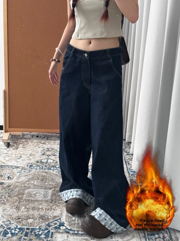 

Джинсы женские зимние, больших размеров, на флисовой подкладке, свободные, с высокой талией, прямые, широкие штанины, повседневные, удобные, дышащие...