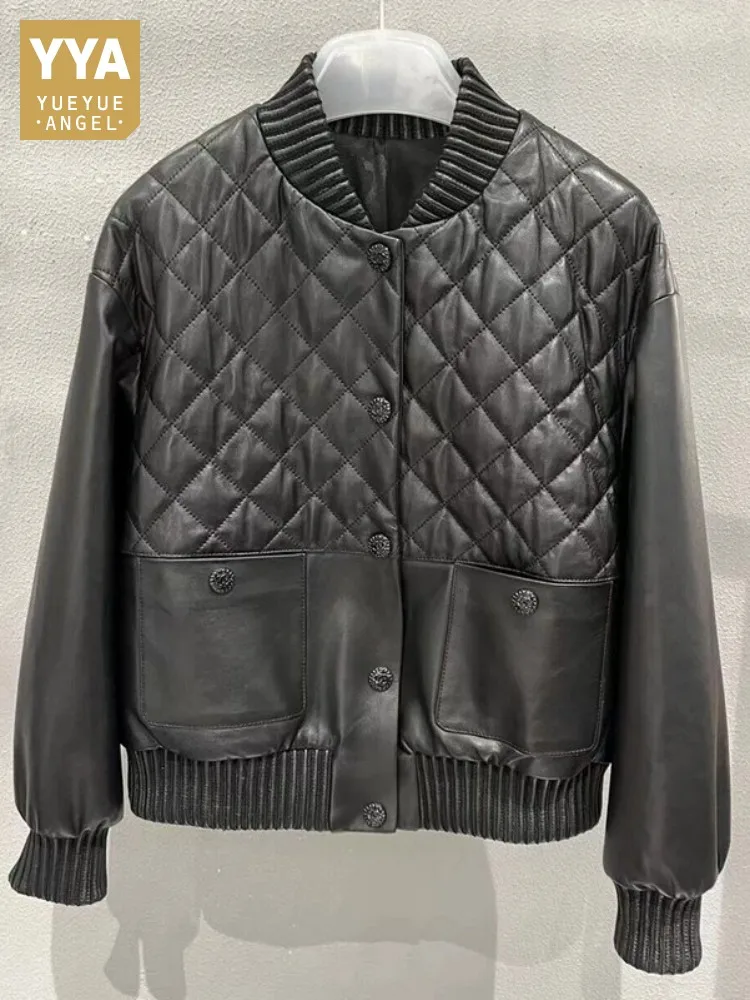 Autumn Genuine Leather Ladies Jacket Argyle Baseball Jackets Luxury Overcoat Single Breasted Natural Sheepskin Short Outerwear