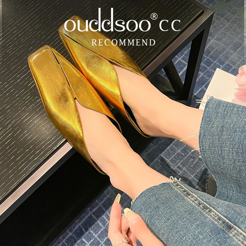 

ODS Fashion Braided Leather Slippers Pointy Toe Flats Heels Sandals Slip On Mule Shoes Sexy Gold Hollow Shoes For Women Gold