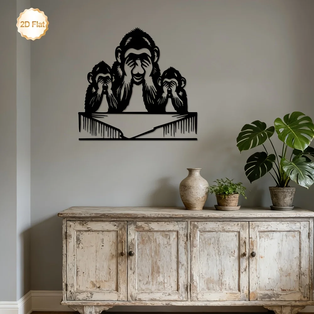 Three Wise Monkeys See Hear Speak No Evil Metal Wall Art 2D Flat Iron Sculpture Indoor Outdoor Decor Living Room Bedroom