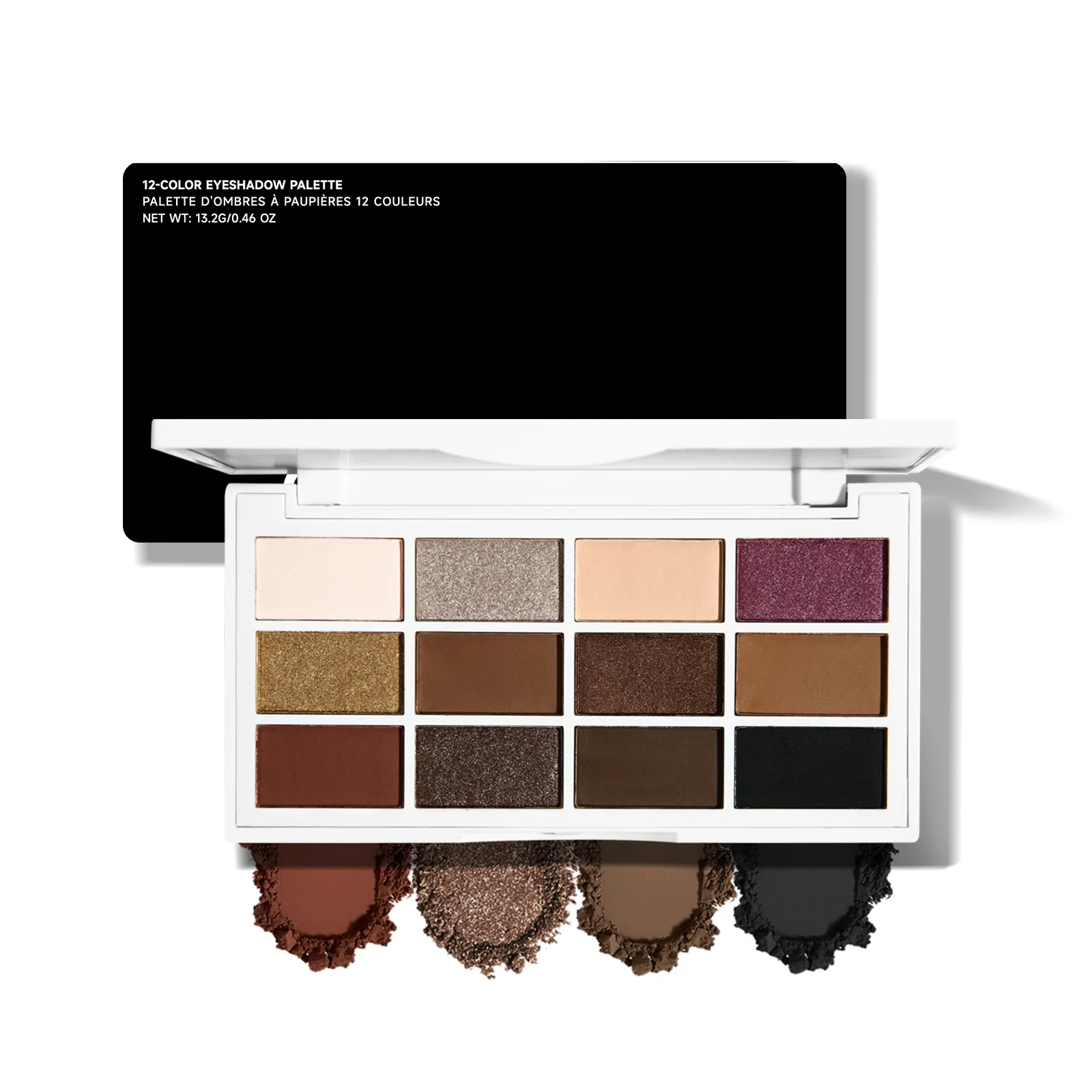 12-farbige Lidschattenpalette, kaffeebraune und nackte Metalltöne, mattierter Glitzer und Metallic-Finish, rauchiges Make-up, Party und Bühne