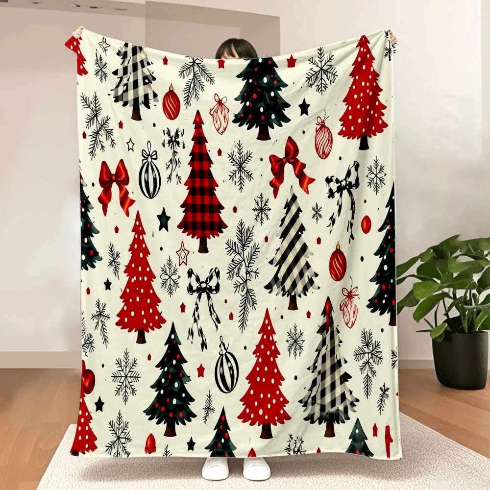 1PC Christmas Tree and Snowflake Print Blanket-Made of soft, fluffy flannel, perfect for a sofa, bed or lounge chair. Ideal for