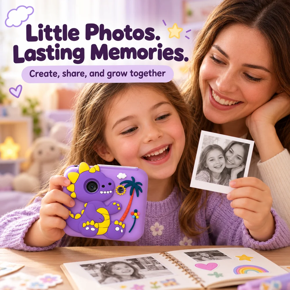 Kid Dinosaur Instant Print Camera 2.4in Dual Lens Silicone Case Thermal No Ink Print Music Game TF Card Type-C Kids Gift 3Colou