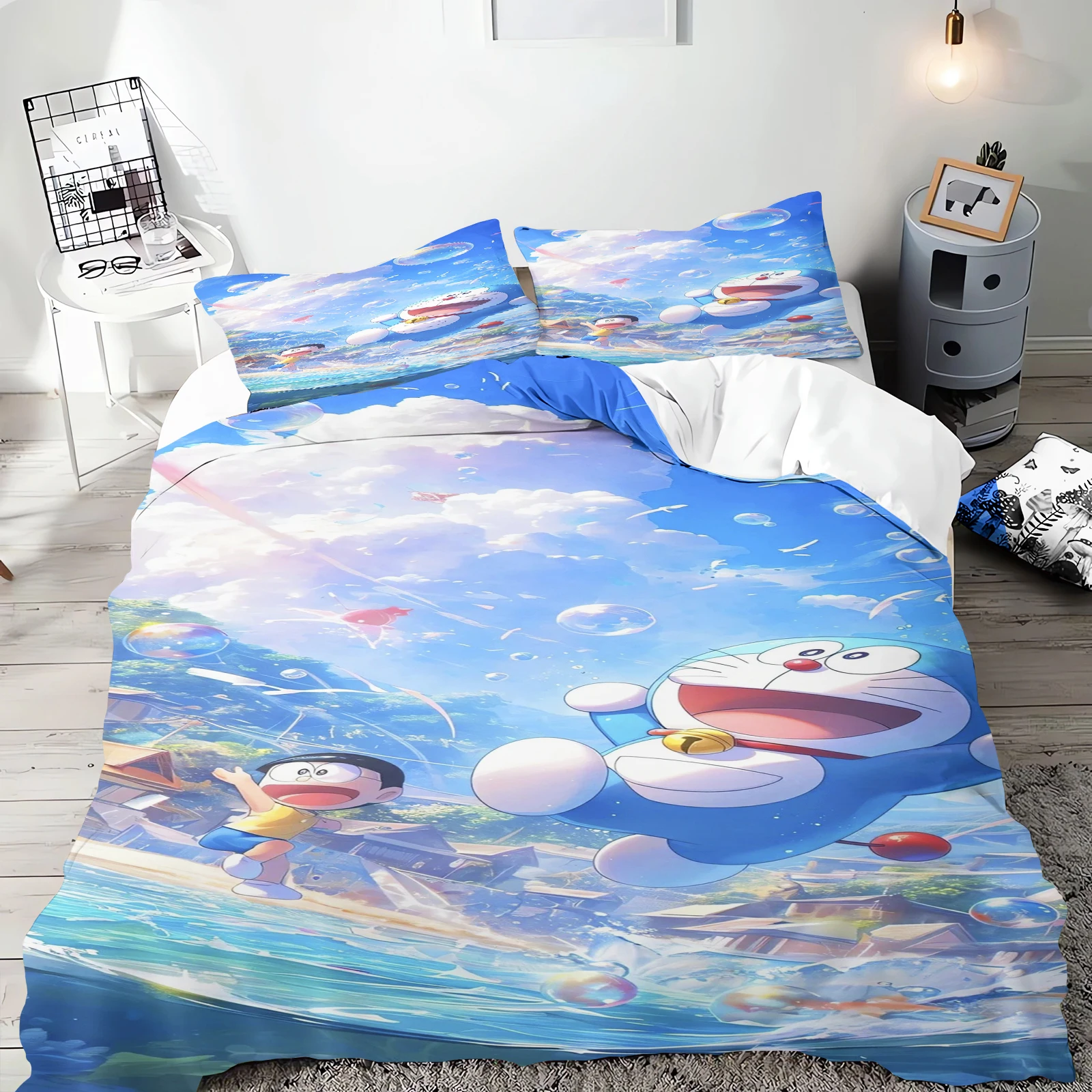 Cartoon Quilt Cover Blue Cat Bedding Set Home for Teen Children Bedroom Polyester Various Sizes Decor Soft Comfortable Baby