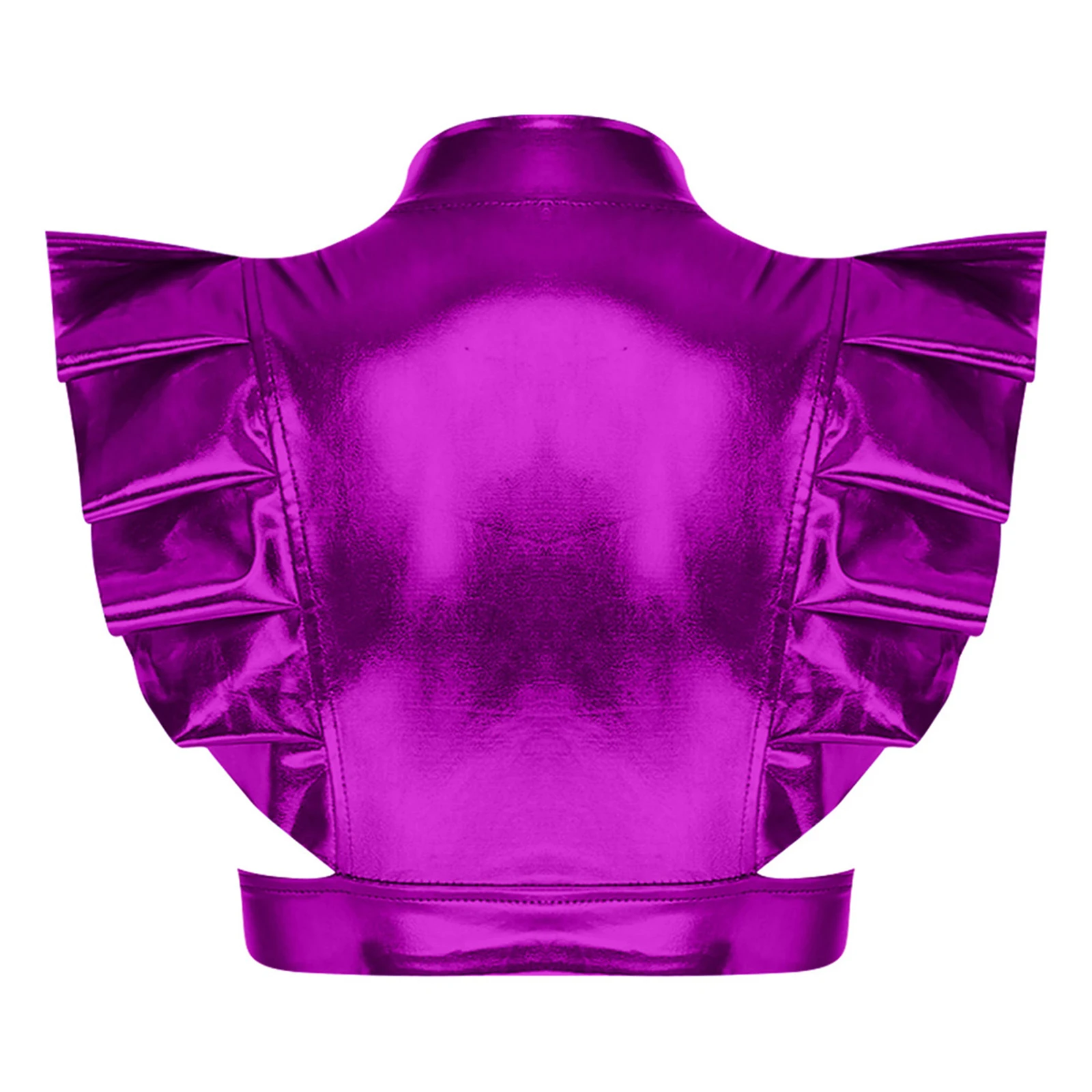 Womens Iridescent Metallic Shoulder Armor Clubwear Ruffled Trim Front Cutout Adjustable Bottom Straps Rave Shrugs Crop Top