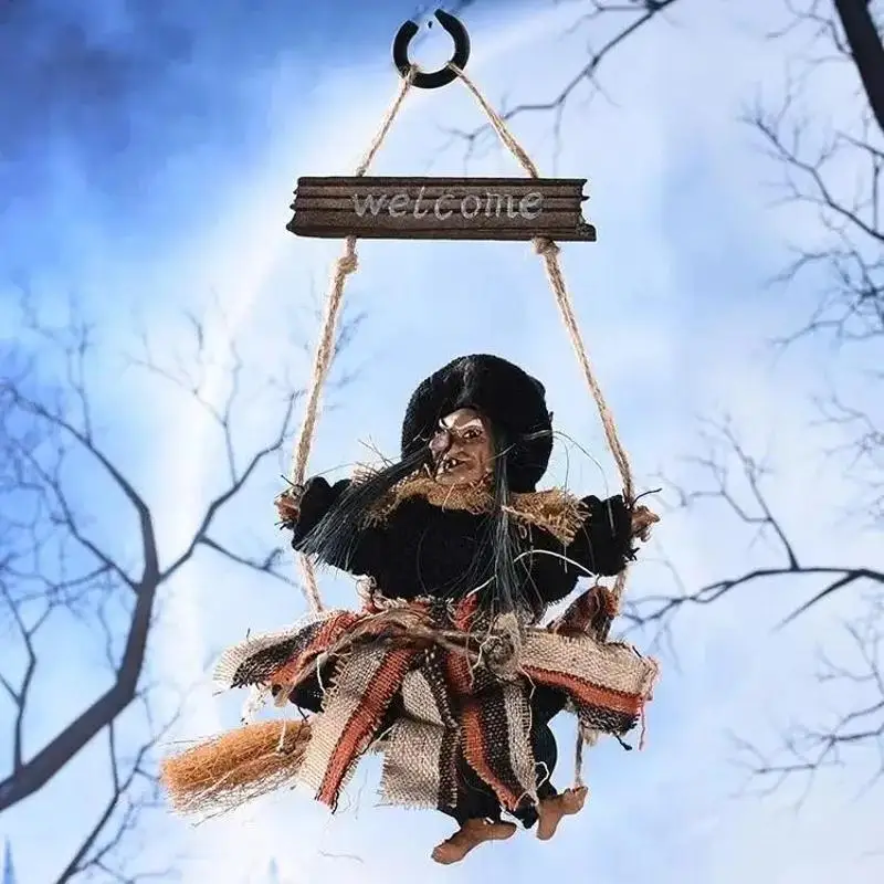 2026 Halloween Witch Riding Broom Hanging Pendant Horror Flight Witch Doll DIY Home Door Wall Festival Party Atmosphere Decor