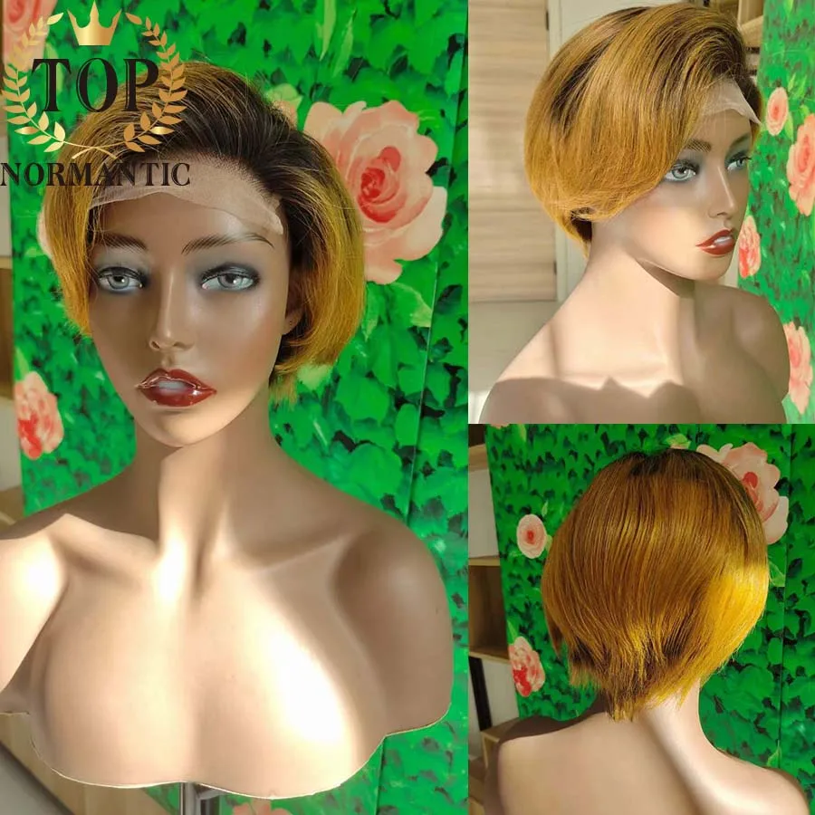 Topnormantic  Ombre Color Pixie Cut Bob Lace Wig 4x4 Lace Closure Wigs for Woman Short Human Hair Bob Cut Wigs