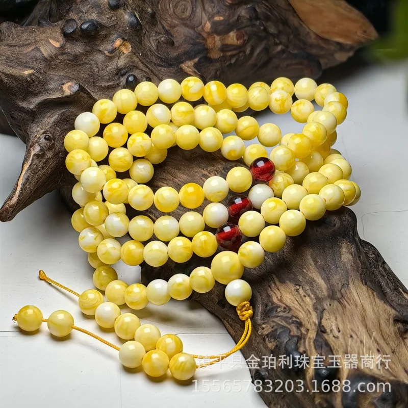 Internet Celebrity Live Broadcast Supply Yellow Chicken Grease Old Beeswax Amber108Beads Multi-Circle Bracelet Chain Unisex Whol