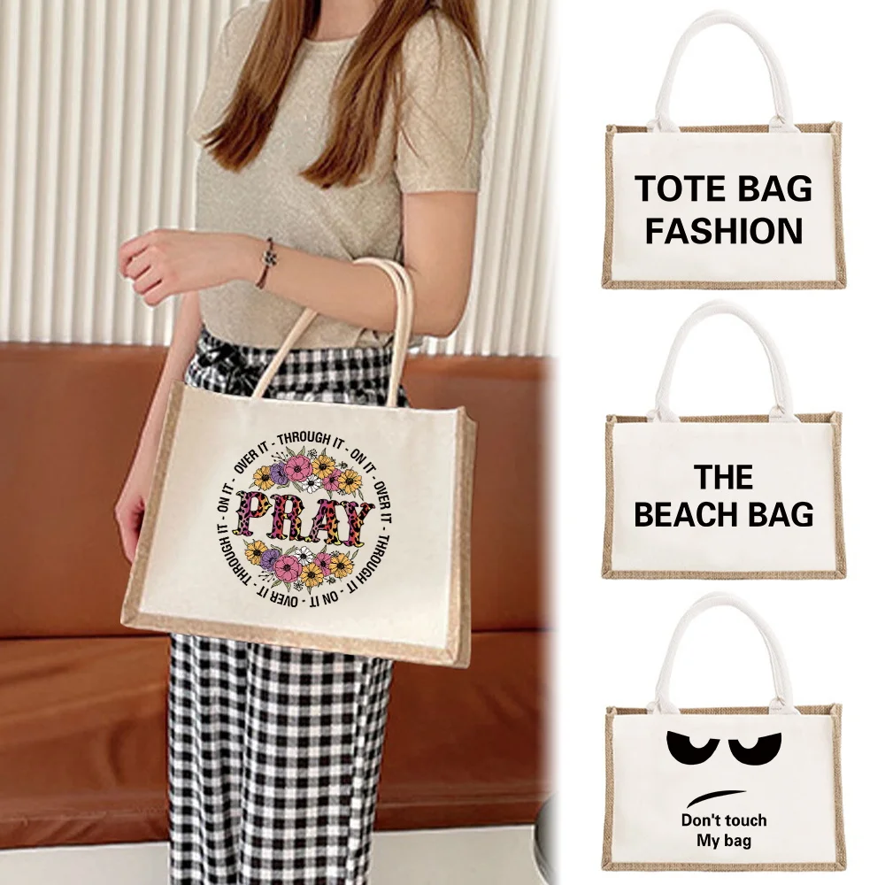 

Tote Bag Reusable Jute Shopping Bag Portable Beach Imitation Sacks Shoulder Bags Casual Handbag Printing Text Series