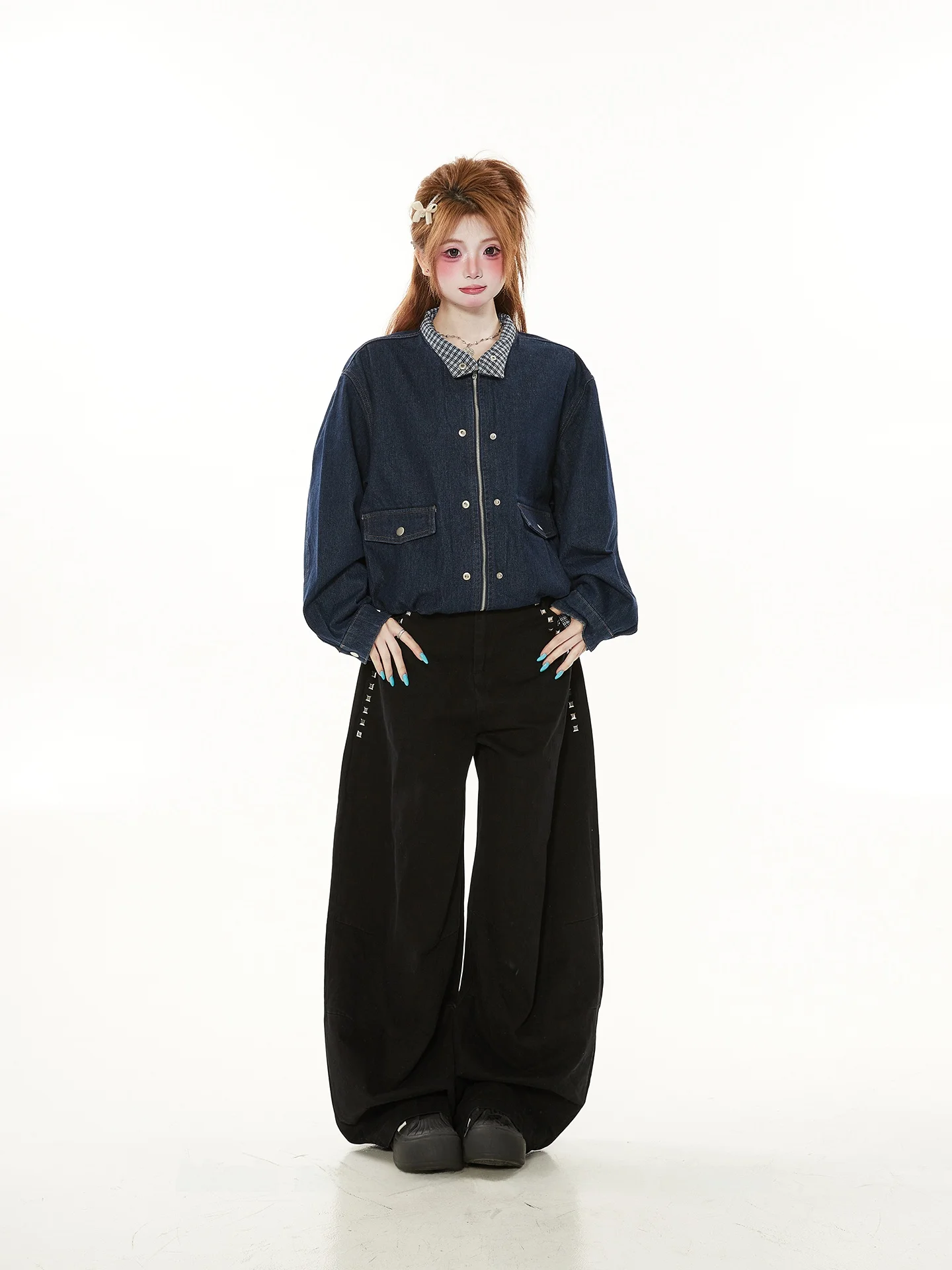 

Retro American Blue Cool Short Denim Jacket Women's Spring Autumn Plaid Inner Harrington Jacket Cotton Polyester Blend