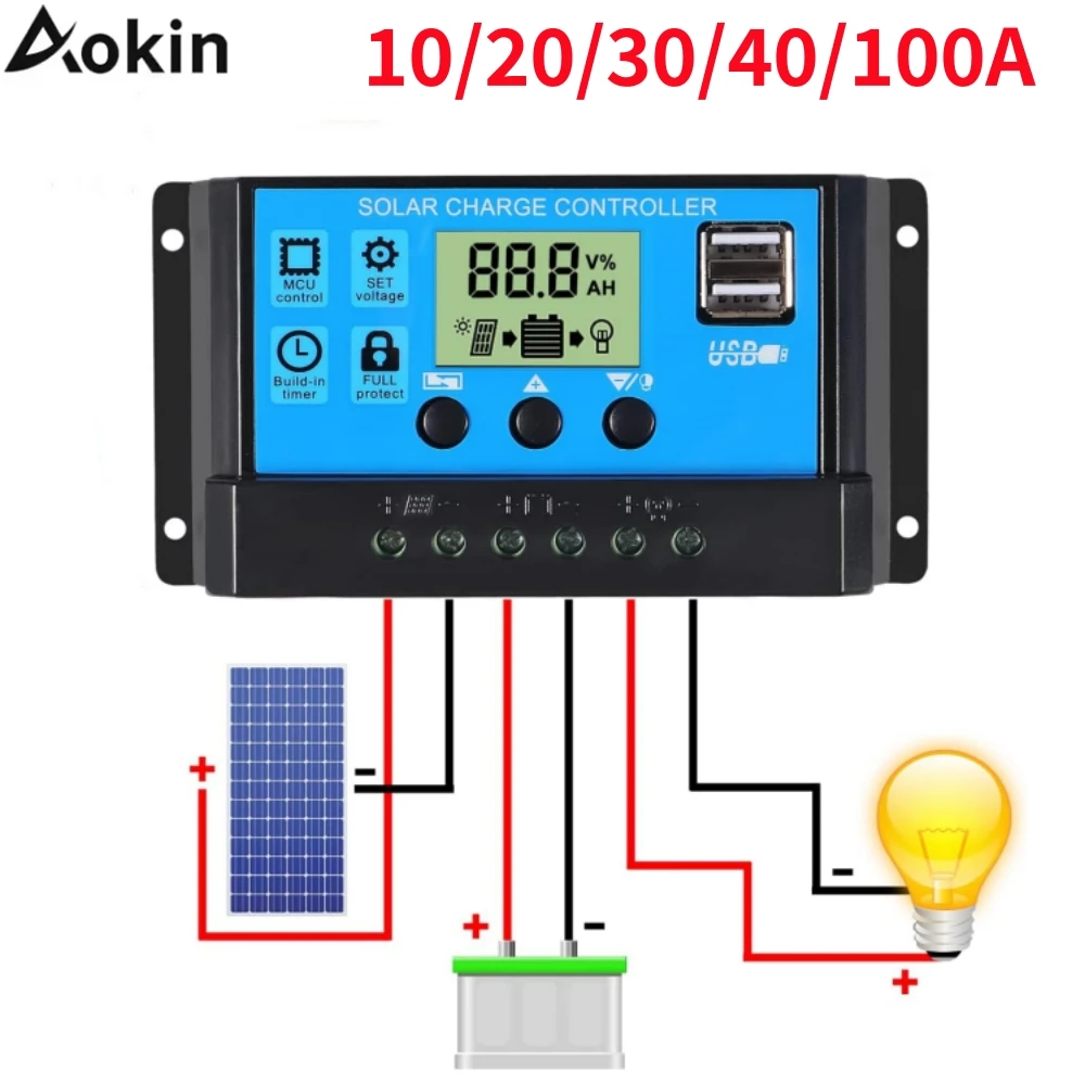 Controlador de Carga Solar de 10/20/30/40/100A, Controlador de Descarga con Pantalla LCD, Doble USB, Cargador Automático para Paneles Solares, Accesorios