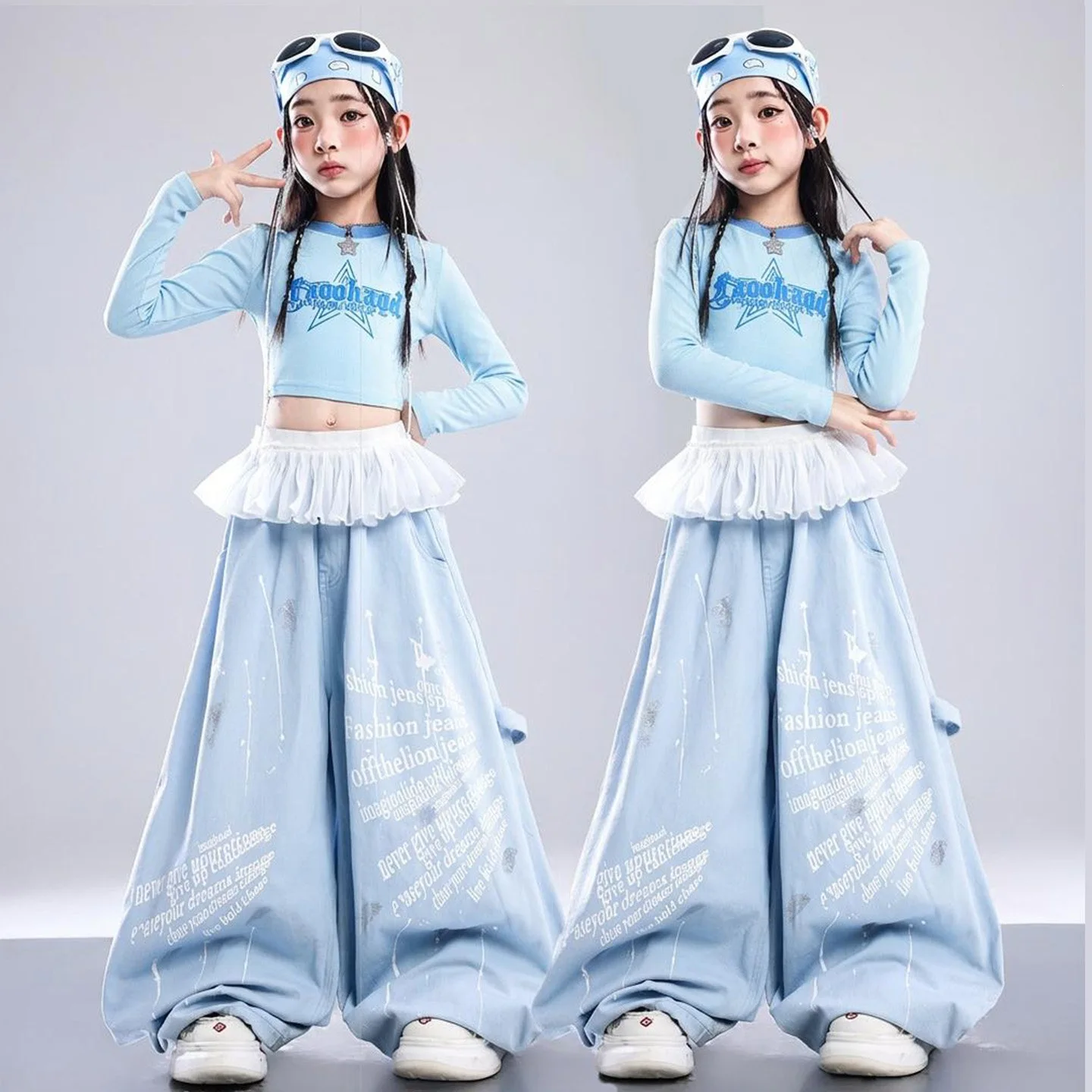 Girls K-pop Crop Top Fashion Blue Letter Printed Pants Girl Group Clothes Sets Children Hip Hop Streetwear Kids Jazz Costumes