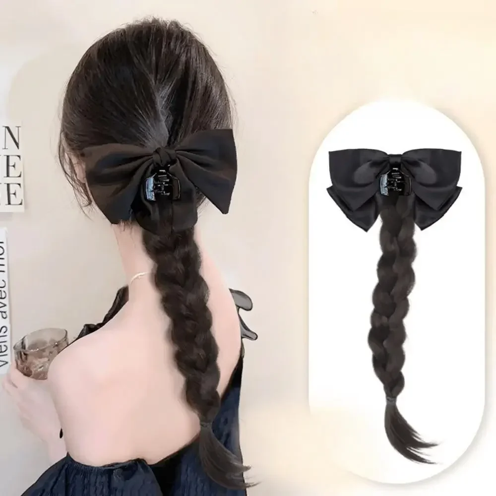 Synthetische Perücke Elegante schwarze Bownot Grip Clip Boxen Pferdeschwanz Perücke weibliche Simulation Braid Twists Haarverlängerungen