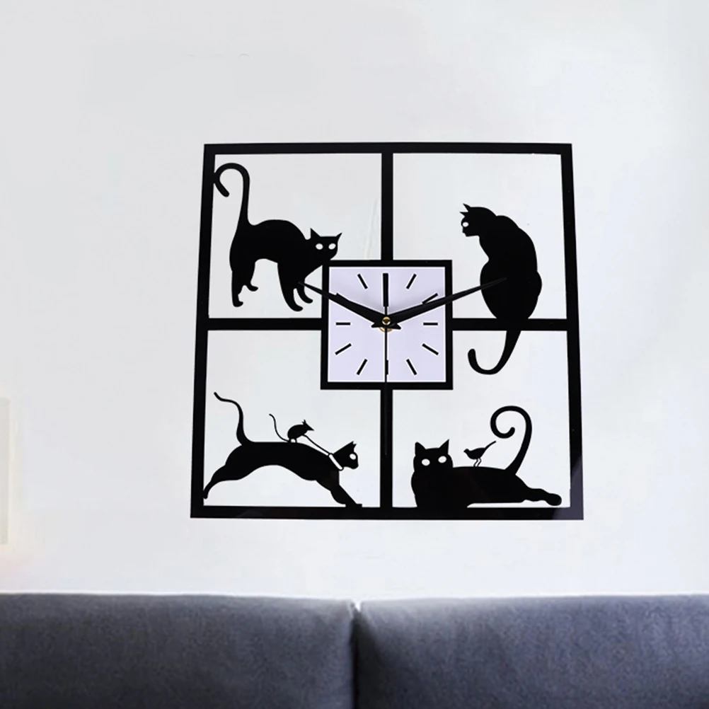 

Square Kitten Wall Clock Study Decor Children Acrylic Cartoon Decoration
