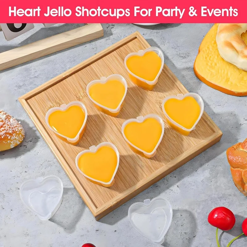 100 Sets 1.5 Oz Clear Heart Shaped Jello Cups with Lids, Small Condiment Containers, Dipping Sauce Cup to Go Bowls Retail