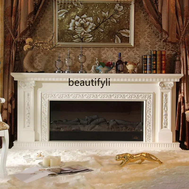 

NewFrench Retro Fireplace American Curio Cabinet European White Silver Paste Electric Fireplace Electronic Simulation Flame