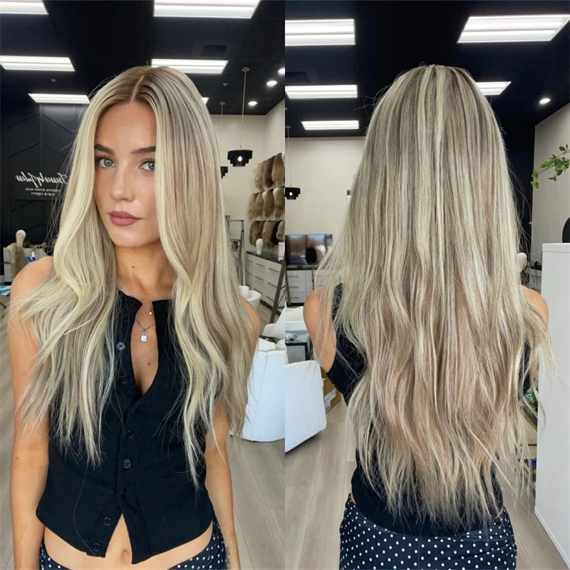 

Natural Preplucked Hairline 13x4 Ombre Ash Blonde High Quality Synthetic Lace Front Wig Long Loose Wave Wig For White Women 28''