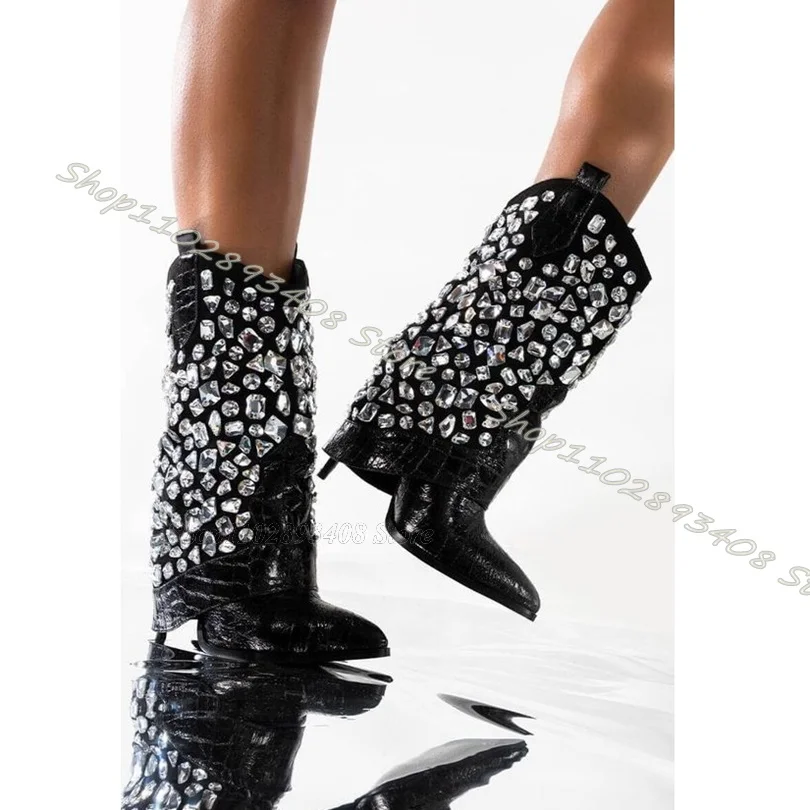 Botas de tacón de aguja con decoración de cristal negro Para mujer, Zapatos de cuero suave con punta puntiaguda, estilo británico, elegantes, Para fiesta