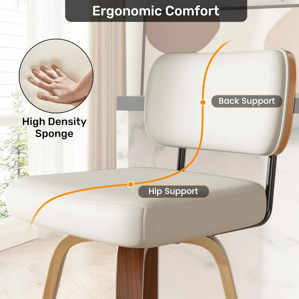 مجموعة كراسي بار دوارة مكونة من 2، مقاعد مرتفعة من الجلد الصناعي مقاس 26 بوصة مع ظهر من خشب الجوز وأرجل من خشب البنت، منتصف القرن #6