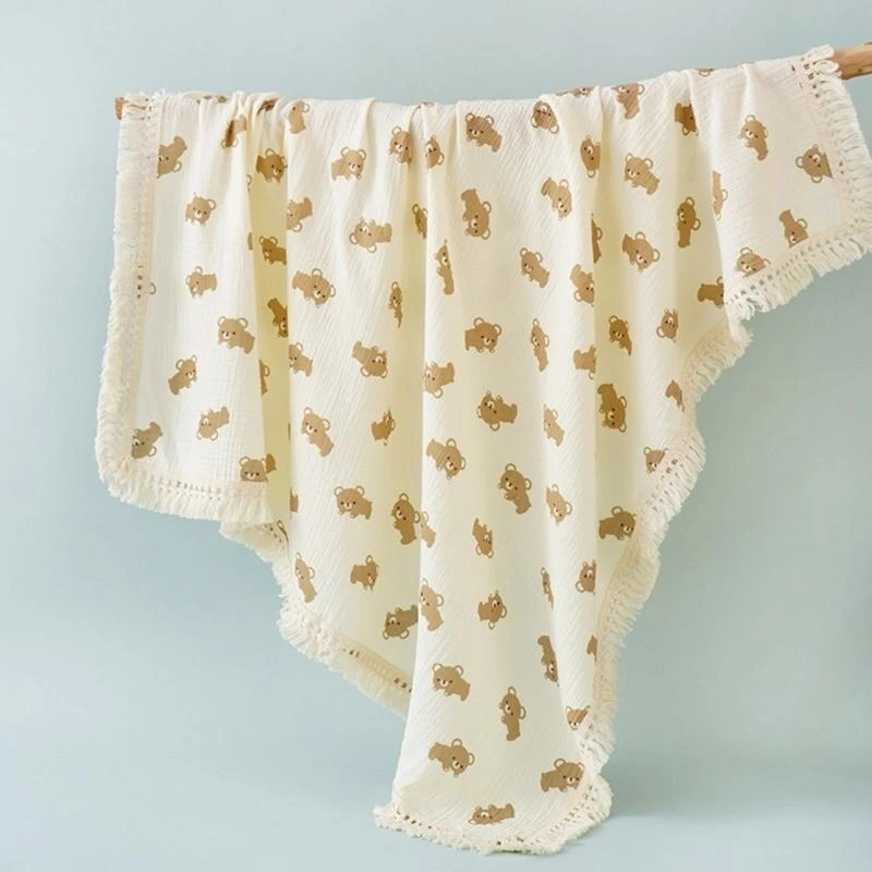 J15U 110x110cm babydeken katoenen doeken wrap zacht en ademend kinderwagens cover schattig bedrukt levering deken met franje