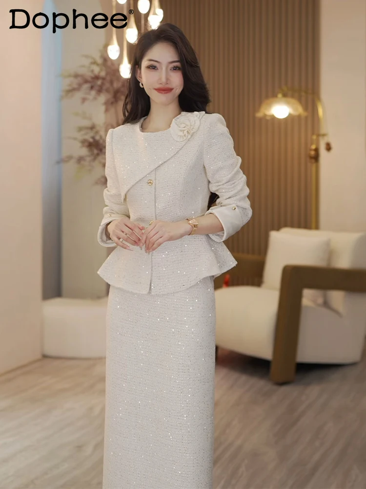 Skirt Sets White Commuter Skirt Suit Office Lady Autumn and Winter High Waist Jacket and Skirt 2 Piece Sets Womens Outfits