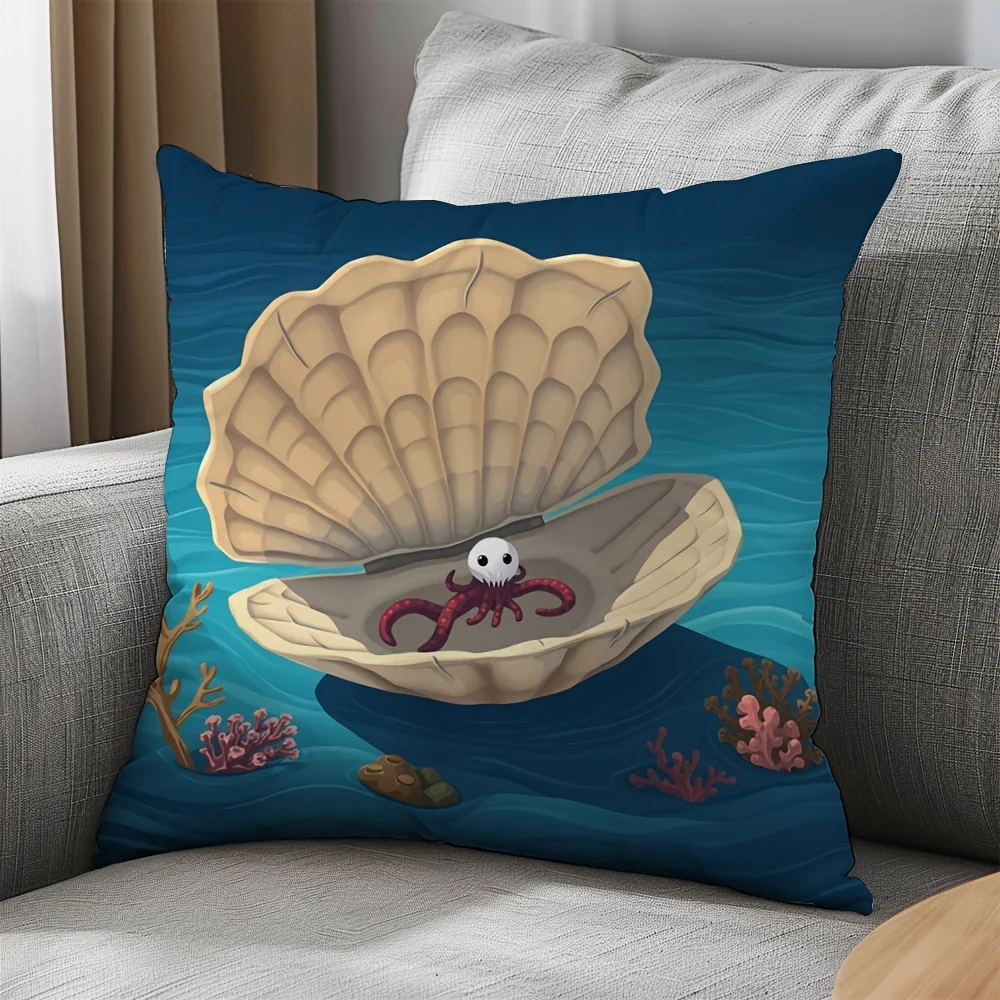 Funda de cojín decorativa de vida marina de felpa corta con diseño de concha de pulpo y arrecife de coral 2D (2D Flat, almohada no incluida)
