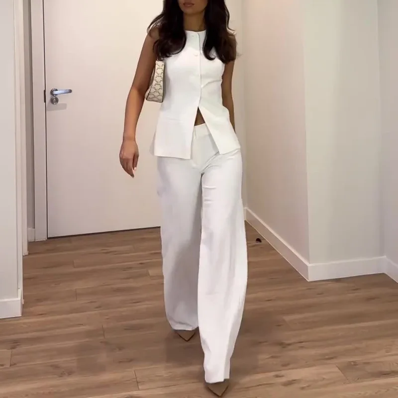 Loungewear Women Summer 2 Piece Outfits Button Down Sleeveless Blazer Vest Wide Leg Pant Lounge Sets Casual Business Suits