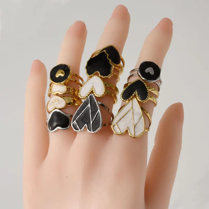 

5pcs/Lot Bohemian Oil Drop Open Ring Heart-Shaped Shaped Stainless Steel Adjustable Ring For Men Women Charm Gift Accessories