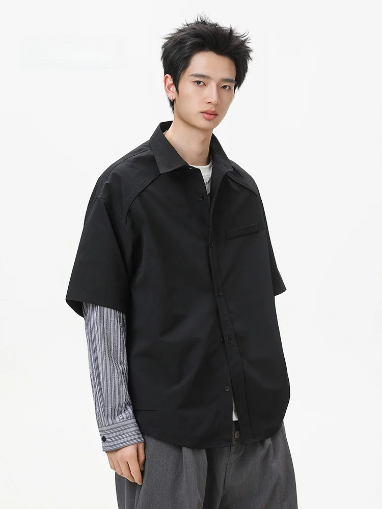 

Мужская полосатая рубашка MMOPTOP свободного кроя, повседневная, двухцветная, имитация двухслойности, весна-лето, модная, из полиэстера, с длинным рукавом, на пуговицах