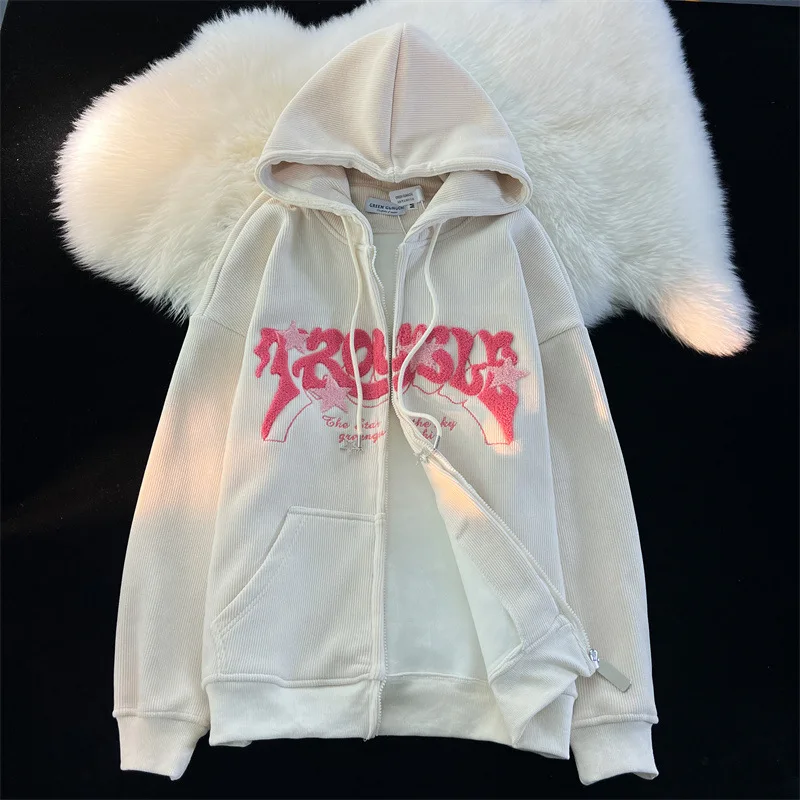 Spring Autumn Zipper Hoodie for Men Letter Embroidered Corduroy Sweatshirt American Casual Loose Boy Vintage Coat