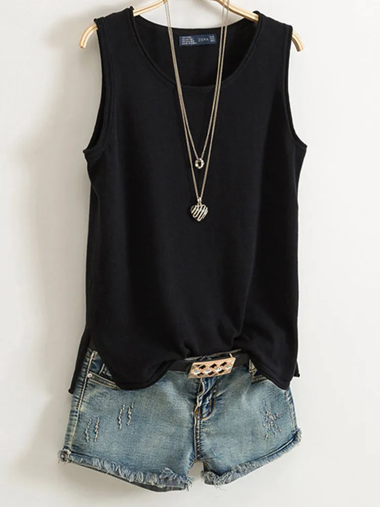 Camisola de algodón y lino para mujer, novedad de verano 2021, camisa baja de punto sin mangas en forma de I, ropa exterior corta, Top holgado liso