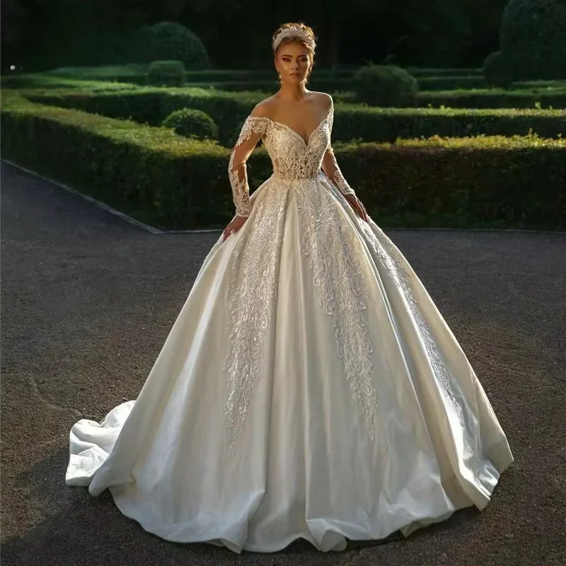 

Customized Long Sleeve Princess Wedding Dresses Ball Gown Bride Dress vestido de novia boda Off The Shoulder Bridal Gowns