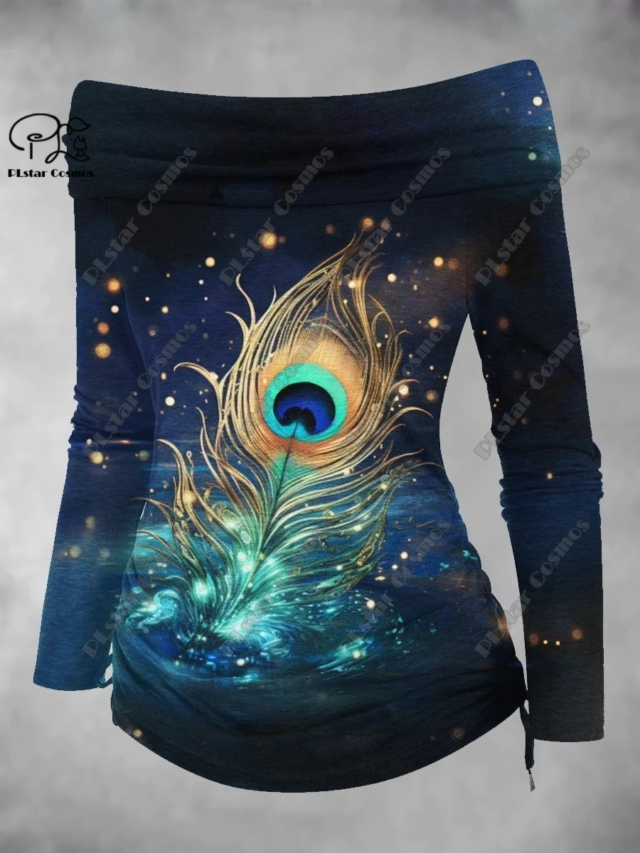 3D printed dream catcher feather dandelion sun and moon pattern printed off-shoulder pleated tight T-shirt women's casual top