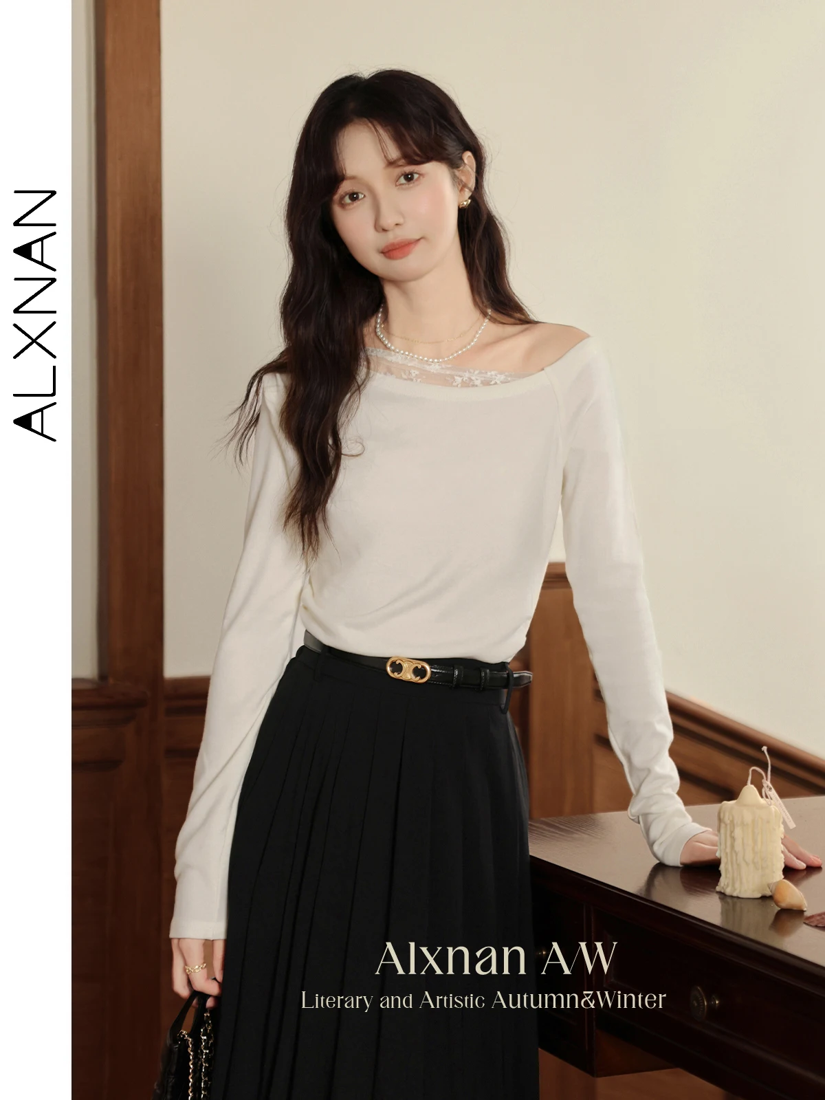 

ALXNAN топы с длинными рукавами, женские абрикосовые кружевные лоскутные повседневные футболки, элегантная осенняя женская одежда с наклонными плечами L507122