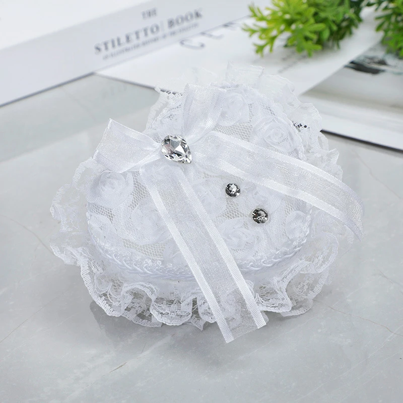 Ring Box Heart Wedding Lace Holder cuscino cerimonia cuscini portagioie scatole di forma bianca custodia con strass di perle proposta d\'amore