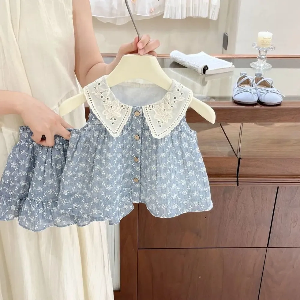 Summer Blue Flower Printed Girls' Clothing Sleeveless Lapel Shirt Top + Shorts Korean Version Plain Color Girls' Two-piece Set