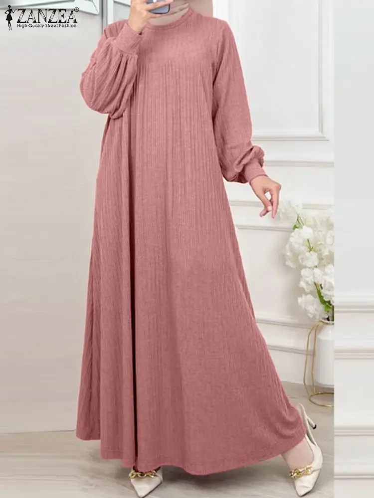 ZANZEA Fashion Muslim Abaya Women Autumn Maxi Sundress Casual Long Sleeve Kaftan Hijab Vestido Solid Loose Islamic Clothing 2024