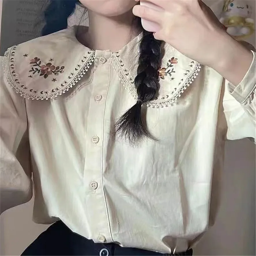 2024 Peter Pan Collar Shirts Women Cute Korean Style Vintage Students Pure Girls Female Fashion Tops New Arrival Autumn PZ4491