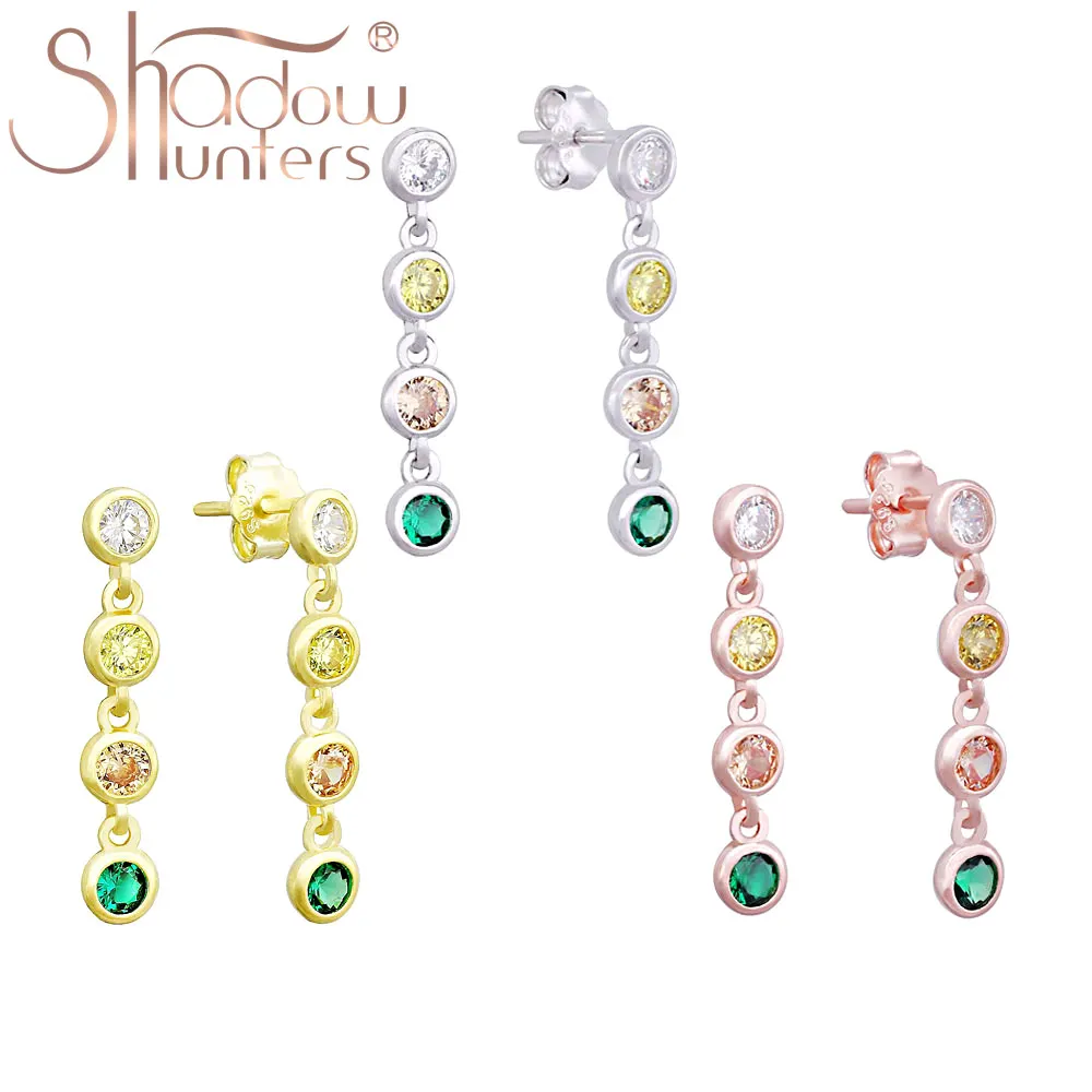 

SHADOWHUNTERS Authentic 925 Sterling Silver Colorful Round Zircon Connected Drop Earrings For Women HQ Long Pendant Stud Earring
