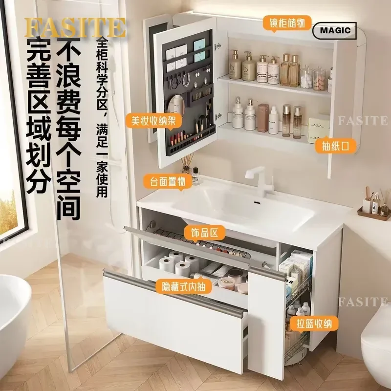 For Bathroom Cabinet Integrated Ceramic Basin Vanity with Large Storage Drawer Pull Basket Wash Table Combo Modern Space