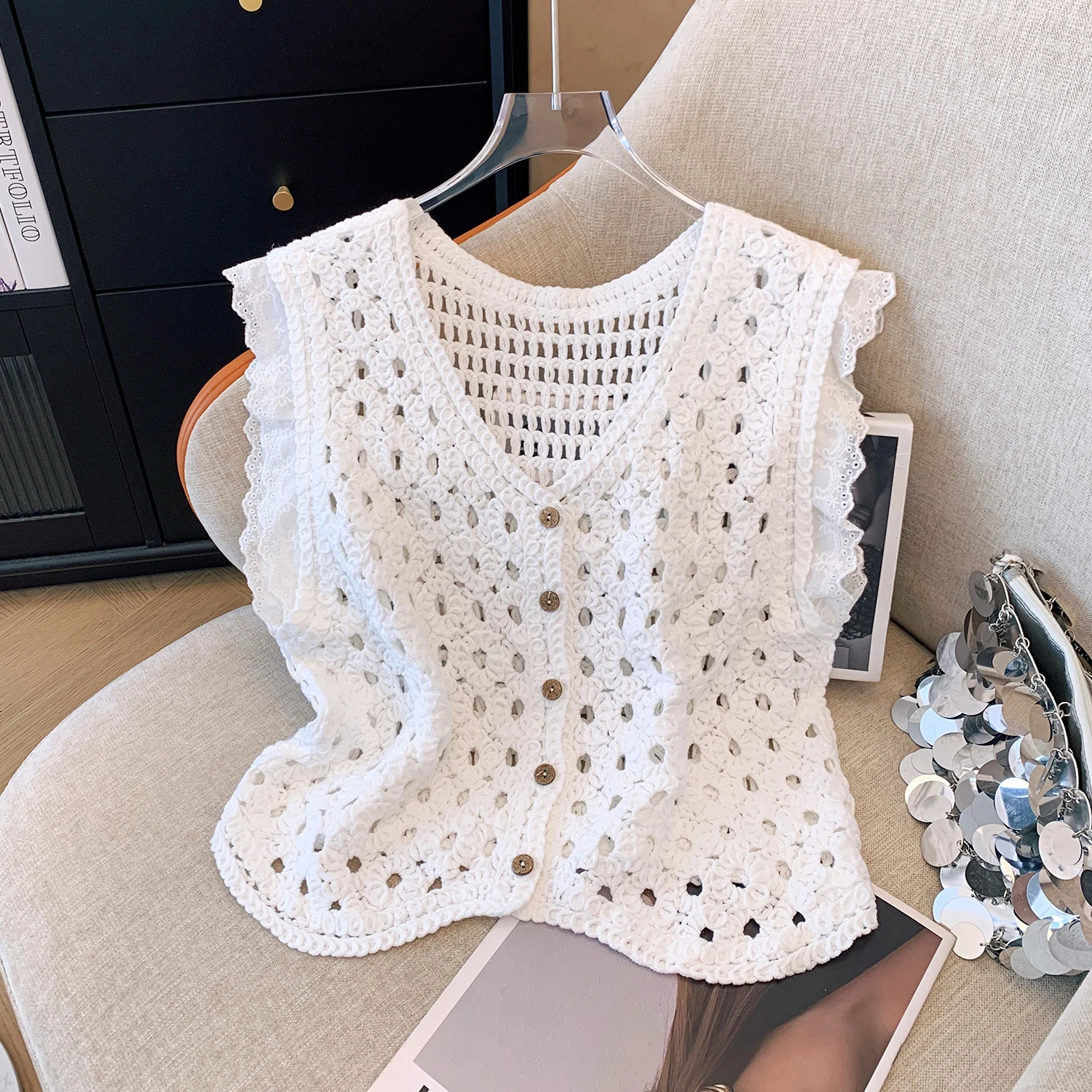 Sheer Crochet Tank Top Button Front V-Neck Open-knit Hollow Out Crop Blouse Cardigan Women Summer Boho Vacation Outfit