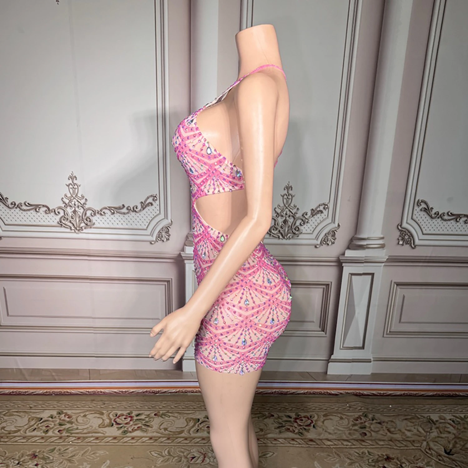 Abito estivo da donna sexy con stampa rosa AB diamanti ritagliati aderente mini celebrità da sera club party abito intero da spiaggia per le vacanze