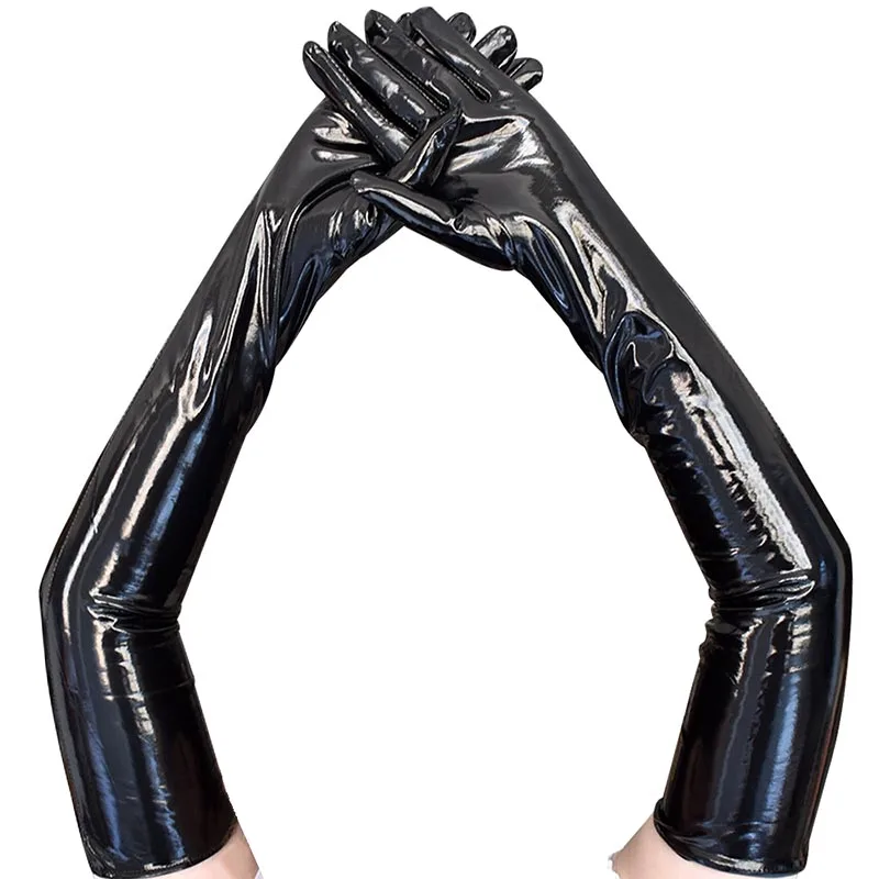 Adult Black Sexy Long Black Latex Punk Rock Gloves Look Faux Leather Gloves Disco Clubwear Dance Catsuit Women Cosplay Costumes