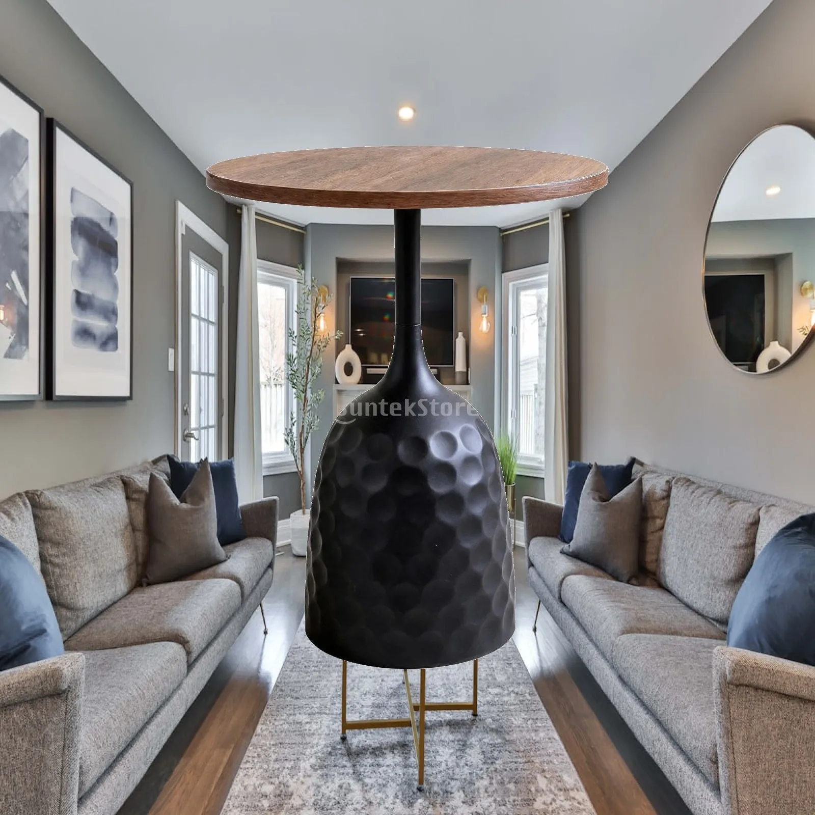 Portable Round Side Table Mobile Cabinet Wood Finish Black Metal Frame Small End Table with Wheels for Couch Sofa Bedside