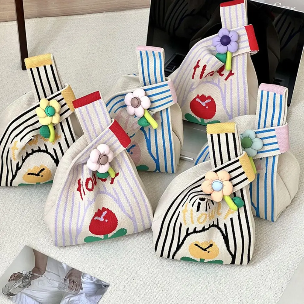 

Casual Flower Knot Wrist Bag Printed Weave Knitted Bag Purse Wool Tote Bag Girl